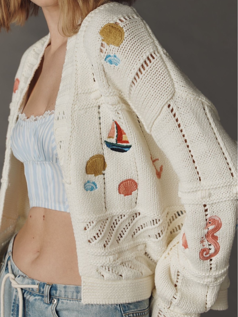 Anthropologie Embroidered Fish Cardigan Sweater Icons New Ivory Sailboat Shells